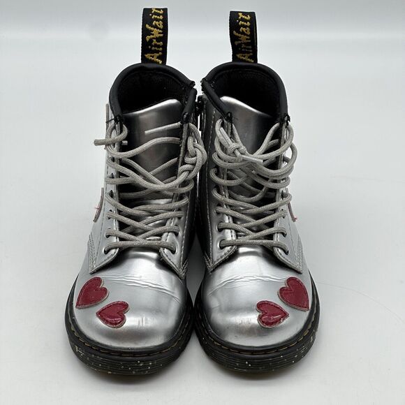 Dr. Martens Silver Kids Boots with Red Heart Accents - Picture 6 of 12